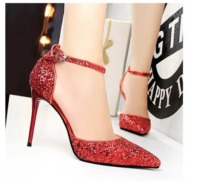 Женские туфли-лодочки; женская обувь на высоком каблуке; свадебные туфли; пикантные вечерние женские Босоножки на каблуке с острым носком, украшенные блестками; цвет золотистый, красный