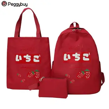 

3pcs/set Strawberry Print Backpacks Clutch Women Canvas Shoulder Travel Backpack