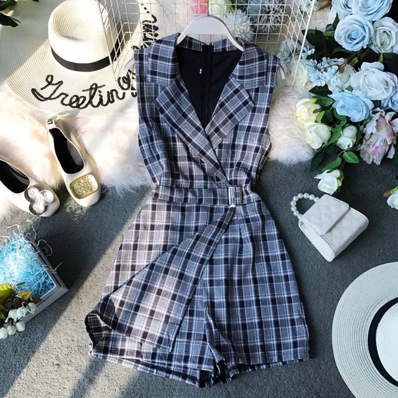 

Summer Casual Plaid Romper Women Playsuit Chic Jumpsuits Sleeveless Bodysuit V-Neck Overalls For Women Combinaison Femme