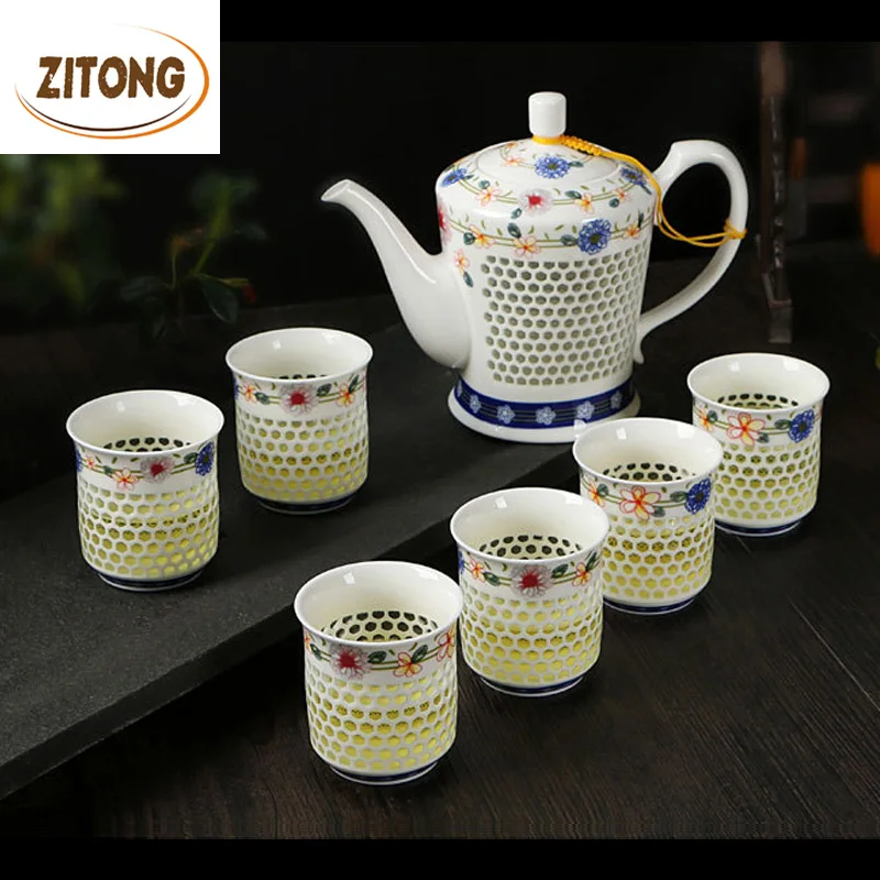 Advanced 7 Heads Chinese Tea Set Exquisite Ceramic Teapot And 6 Teacups Hollow Out Tea Cups