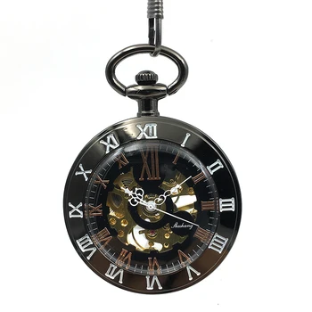 

Black Open Face Case Double Roman Number Classic Skeleton Watches Retro Steampunk Pocket Watch Hand Wind Mechanical Pocket Watch