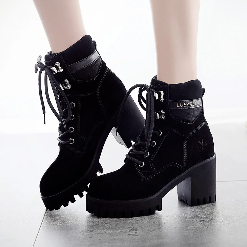 Smile Circle big size 33-43 Suede Leather Chunky Boots Women High Heel Shoes Autumn Winter Lace-up Lady Shoes platform boots