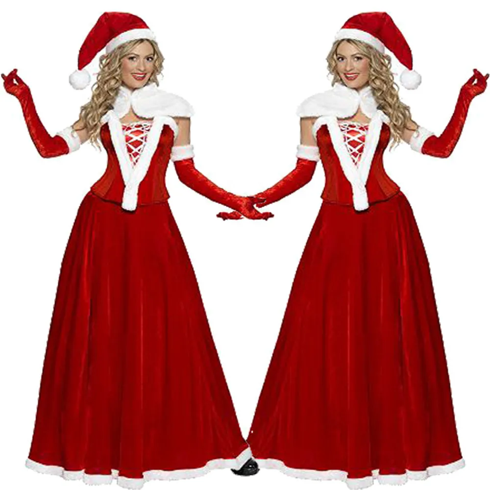 

New Arrival Christmas long Dress Women Christmas Costume For Adult Red Velvet Fur Dresses Hooded Female Santa Claus Costume