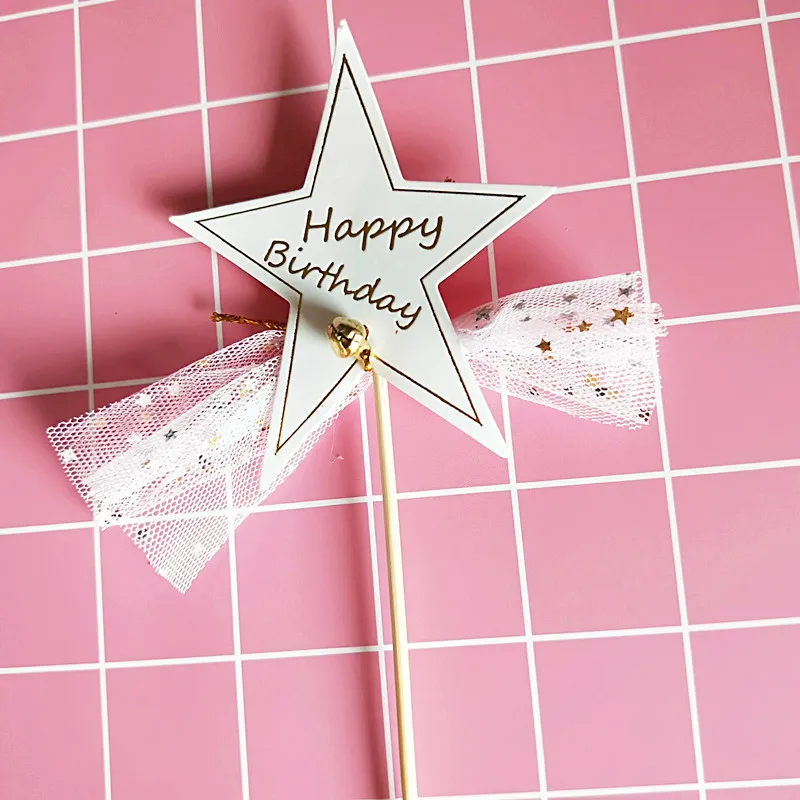 

5pcs/bag Paper Star Organza Happy Birthday Cake Topper Kids Birthday Cupcake Party Supplies Cake Decoration Baby Shower 2 Colors