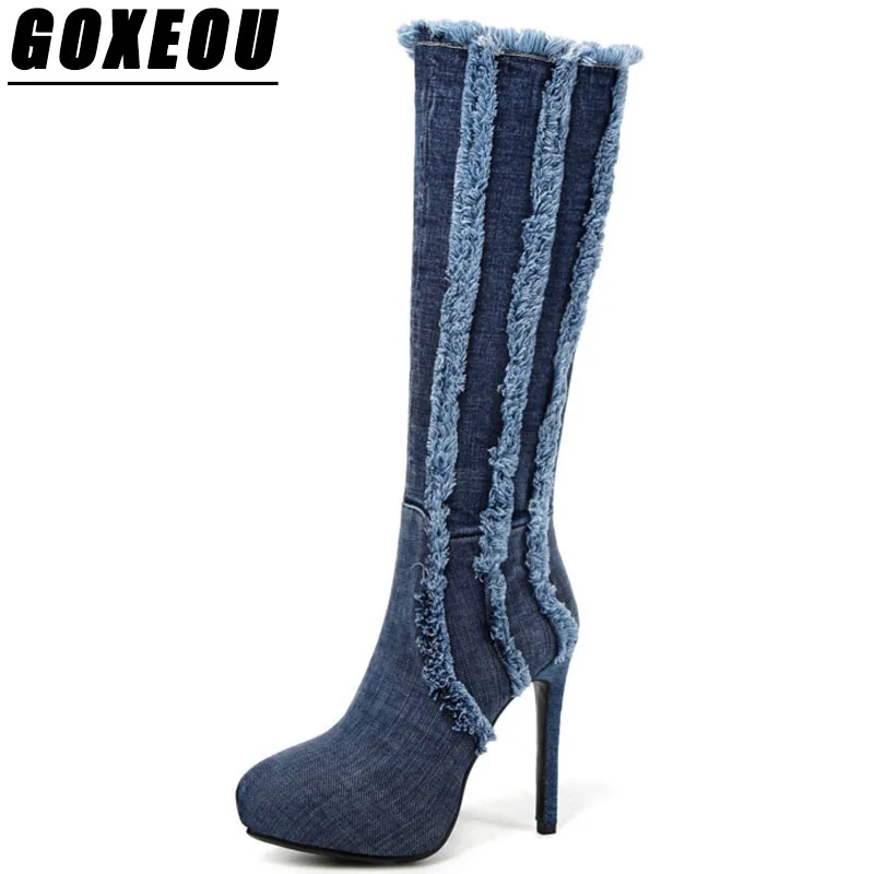 

GOXEOU High Heels Womens Knee Boots Shoes Woman Brand Thin Heels Extremely High Female Boots Plus Size 34-43 Women Winter Boots