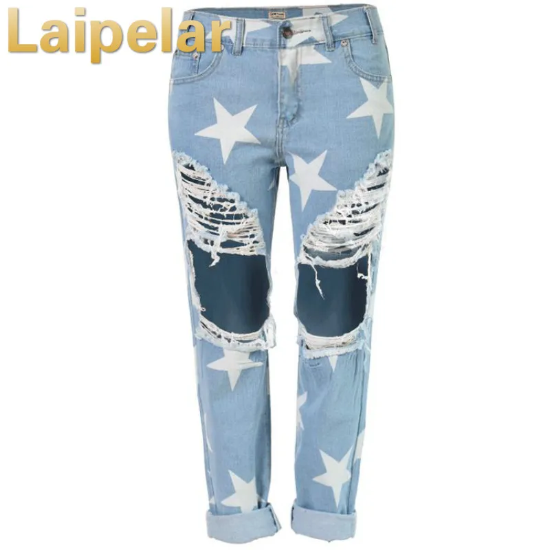 Laipelar Женские винтажные Рваные Джинсы бойфренда с принтом пятиконечной звезды, женские джинсовые брюки