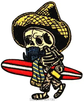 

El Borracho the Drunk Surfing Skeleton Beach Rock Punk retro sew applique iron on patch Biker Vest Patch