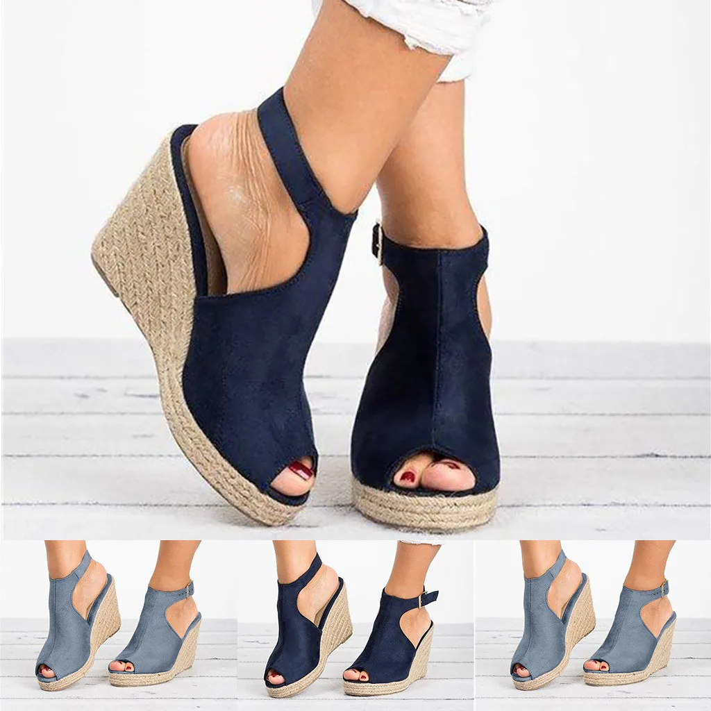

Women's Ladies Fashion Solid Wedges Sandals Casual Buckle Strap straw Roman Women Lady Casual Heels Beach Summer Shoes Sandals