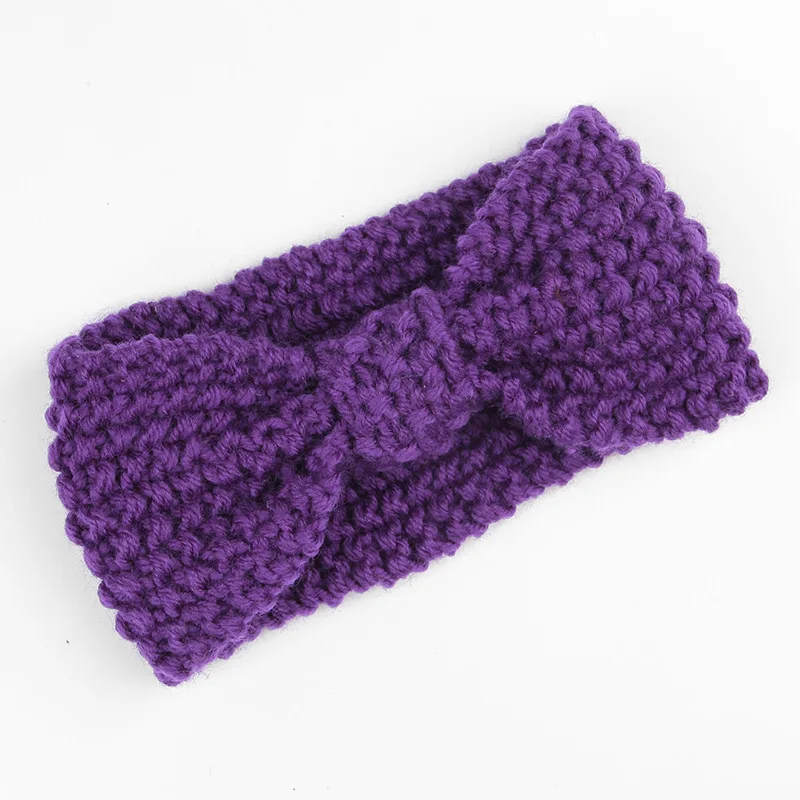 Nishine/осенне-зимняя вязаная шерстяная повязка ручной работы для детей; эластичная вязаная крючком Теплая повязка для волос с цветочным рисунком; тюрбан для девочек - Цвет: 12baby purple