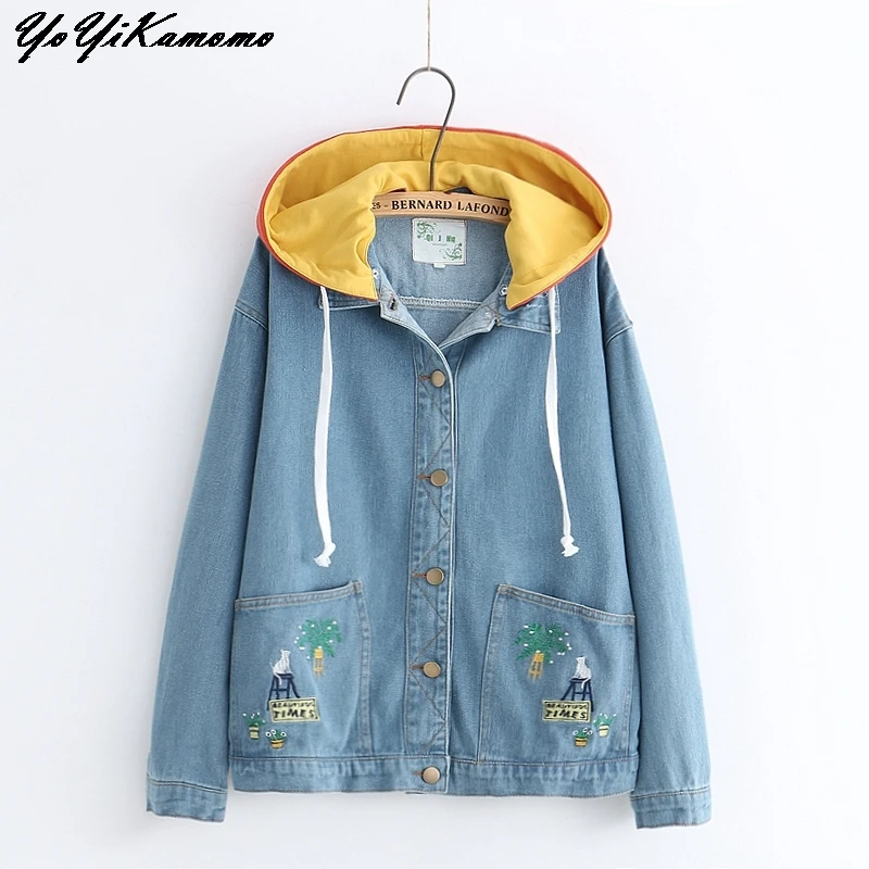 

YoYiKamomo 2018 Women Basic Coat Denim Jacket Women Autumn Hooded Denim Jacket For Women Pocket Embroidery Loose Casual Style