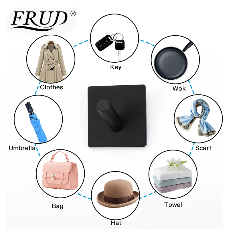 FRUD Square Black Solid Stainless Steel Single Robe Hook Towel Rack Clothes Hook Wall Mounted Bath Accessories 4pcs/Set