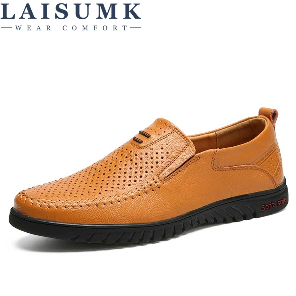 

LAISUMK Brand Men Casual Leather Shoes Slip-on Fashion Breather Comfortable Men Shoes Summer Sapato Masculino