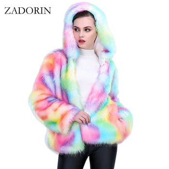 

2019 NEW Fashion Thick Warm Colorful Faux Fox Fur Coat With Hooded Women Short Faux fur Jacket Plus Size Female Winter Outerwear