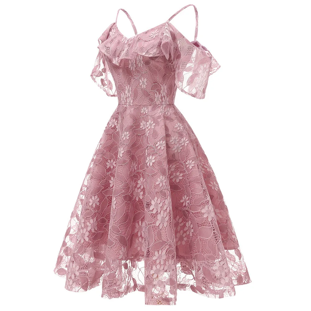 

FeiTong Autumn Dress Women Vintage Princess Floral Lace Cocktail Neckline Party Aline Vestidos De Fiesta Woman Dress 2019