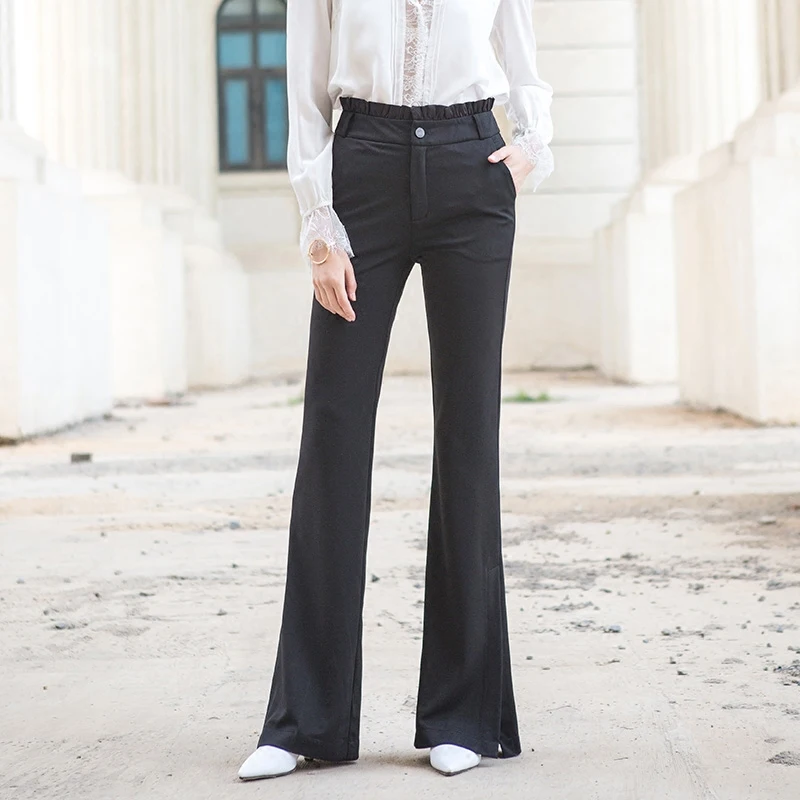 2018 Summer Solid Color Flare Pants Women High Waist Full