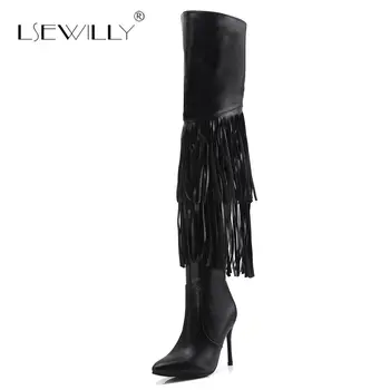 

Lsewilly Ladies Boots Autumn Tassel Shoes Sexy Over The Knee Boots Fringe Black Brown Thin High Heel Long Boots Female E78