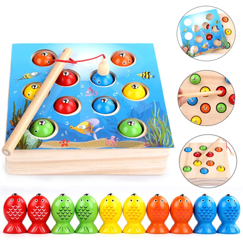 

2018 Hot Sale fish toys Baby Early Educational Toys 10Pcs Fish Wooden Magnetic Fishing Toy Set Fish Toy sandbox for children T#