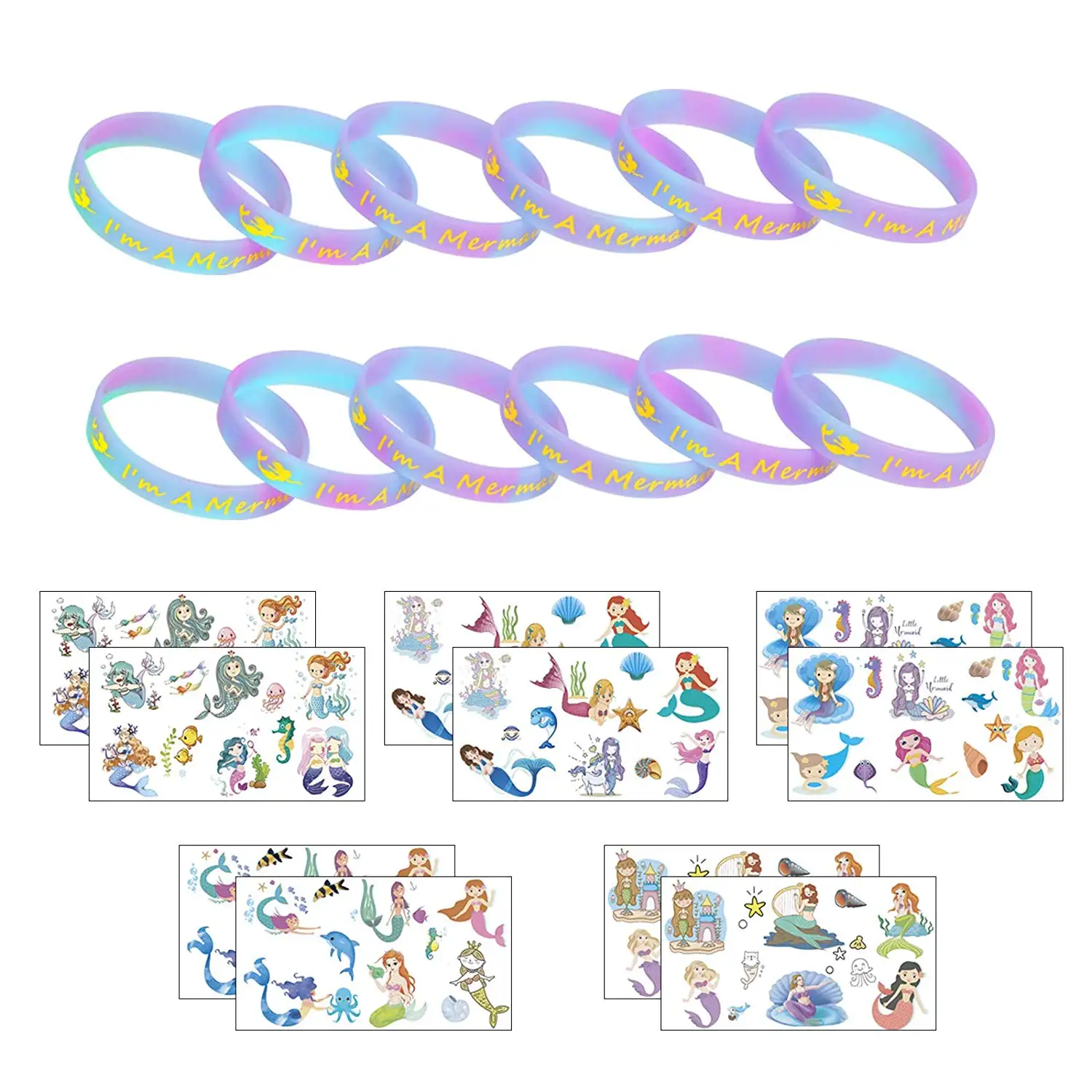 

METABLE 12pcs I'm A Mermaid Bracelets and 10sheet Mermaid Temporary Tattoos Under the Sea Themed Party Goody Bag Gifts For Child