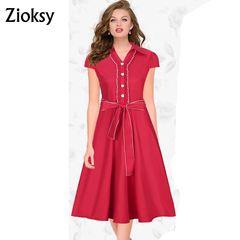 Wholesale Zioksy Brand S - XXL Women Dress Retro Vintage Ruffles Turn Down Collar Swing Summer Dresses Elegant 6 Colors Vestidos Buy Cheap Zioksy Brand S - XXL Women Dress Retro Vintage Ruffles Turn Down Collar Swing Summer Dresses Elegant 6 Colors Vestidos