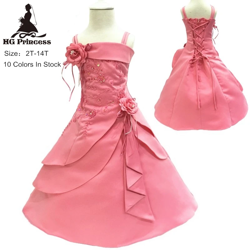 

Free Shipping 2T-14T Girl Party Dress Embroidery Satin Beaded Coral Flower Girl Dresses For Weddings Big Size Kids Evening Gowns