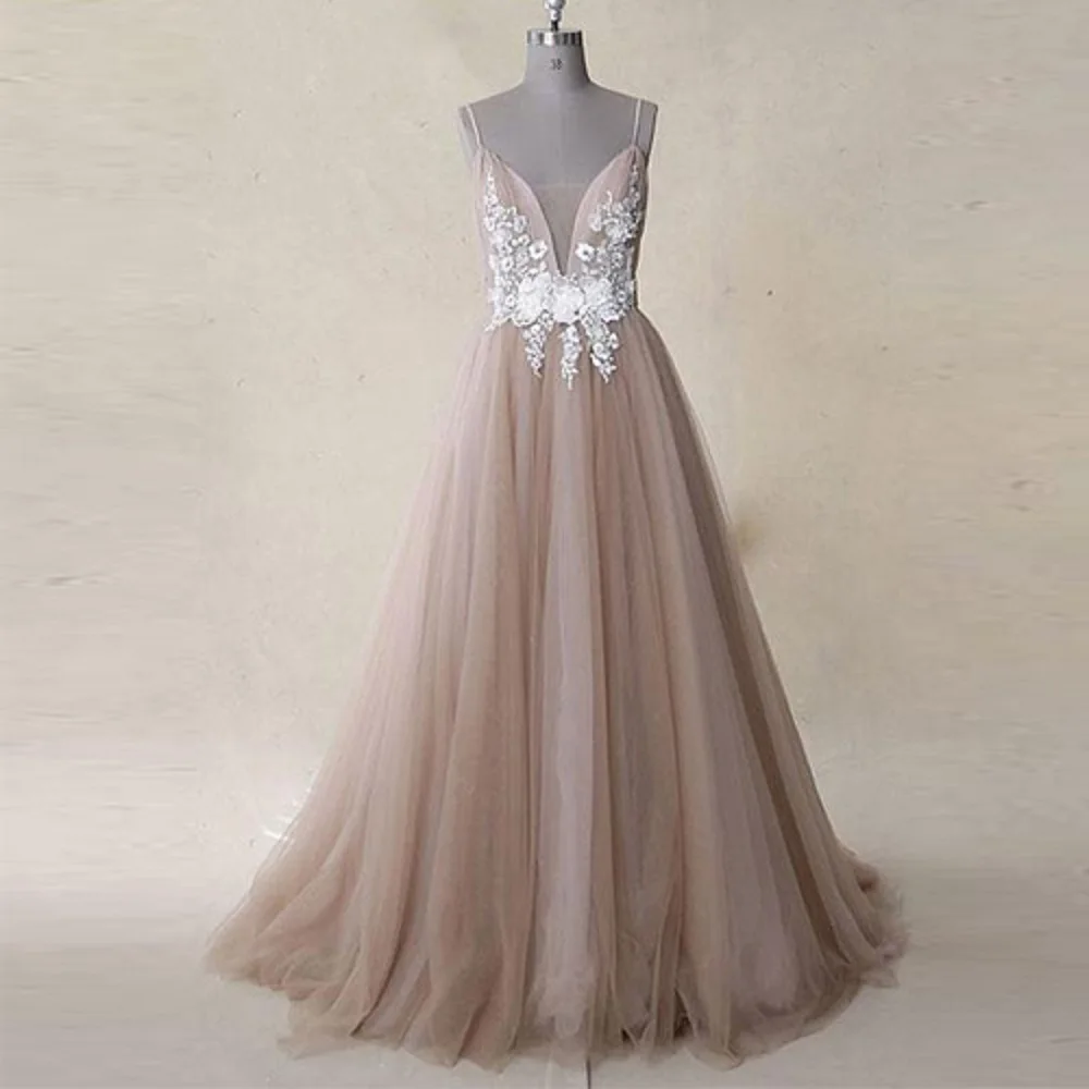 

Gardenwed Dirty Champagne Evening Dress 2019 Tulle abiye elbise Spaghetti Straps de gala 3D Flowers Formal Dress abendkleider