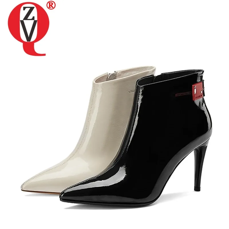 

ZVQ woman shoes winter new fashion pointed toe genuine leather ankle boots outside high heels zip office shoes drop shipping