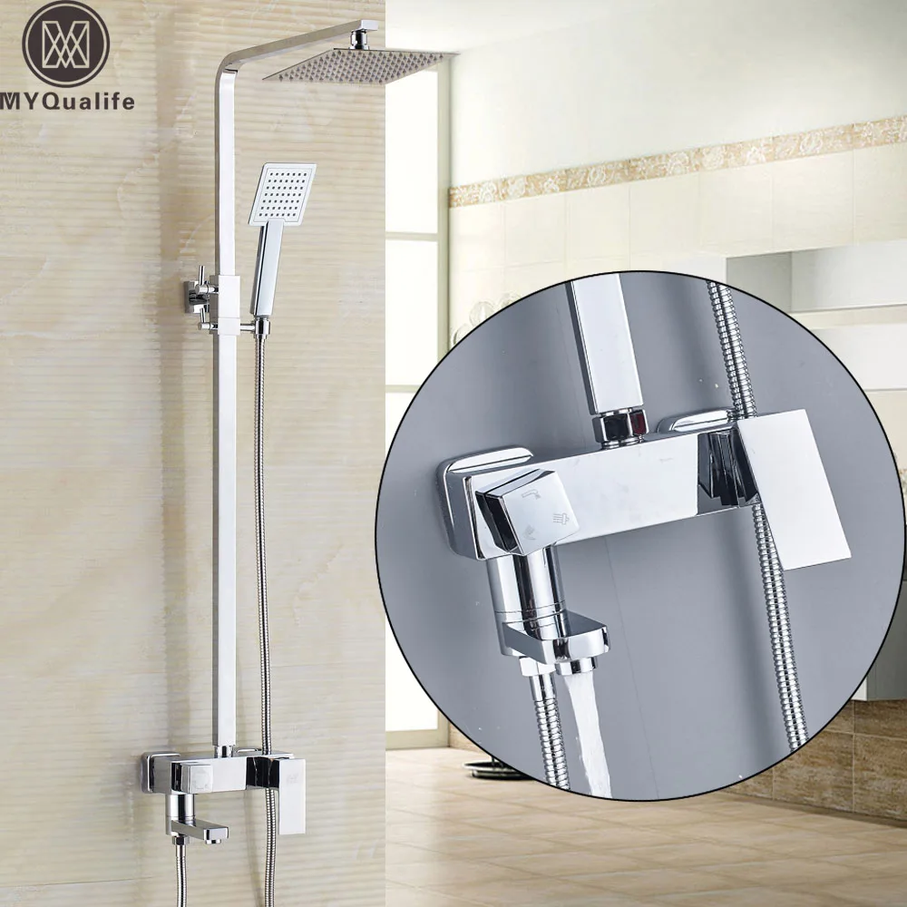 Chrome Shower Set Faucet Single Handle Stainless Steel 12" Rainfall Shower Mixers with Hand
