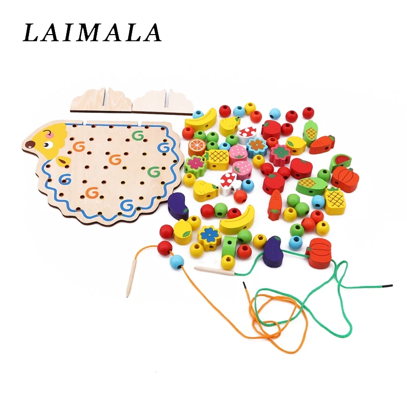 82 шт. деревянные блоки фрукты овощи шнуровка Бисер для нанизывания игрушки с ежиком доска Монтессори обучающая игрушка для детей подарок