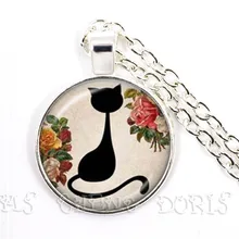 2019 Shabby Chic Vintage Black Cat Necklace for Pet Lovers Cat Flower Pendant Jewelry Glass Cabochon Girl's Gift for Her chic dry flower necklace for women