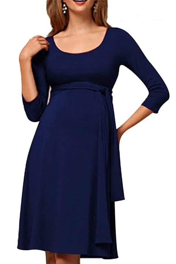

Pregnant women dress maternity wrinkled long belt round neck breastfeeding dress street casual wear