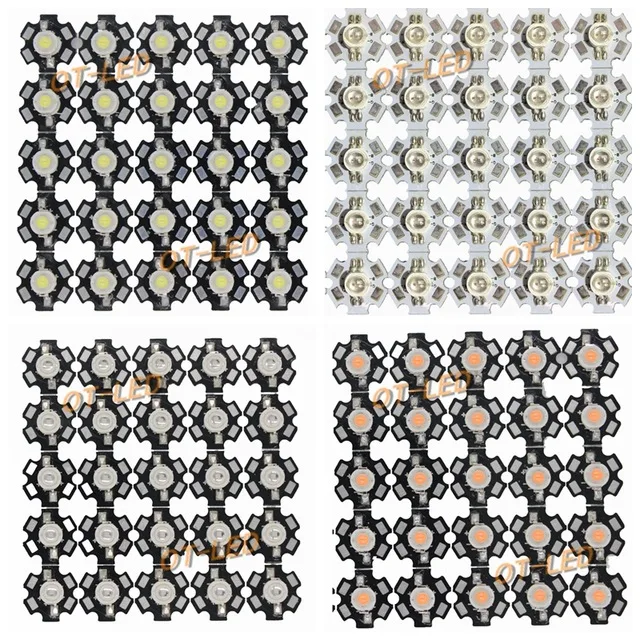 100pcs 1W 3W High Power led Diode white warm white RGB UV 395nm deep red green  Royal blue 450nm 660nm LED with 20mm star pcb