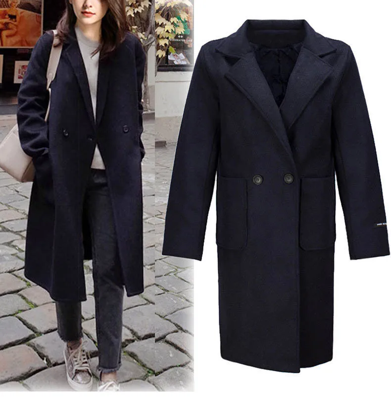 

2018 Autumn Winter Women Long Coat Lapel Wool Ladies Coat Trench Jacket Solid Button Female Long Parka Overcoat Outwear