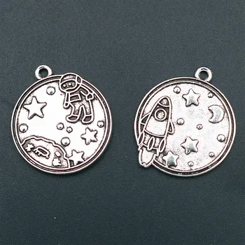 

WKOUD 6pcs Silver Color Lunar Spaceship Astronaut Charm Necklace Bracelet DIY Metal Jewelry Round Alloy Pendants A1631