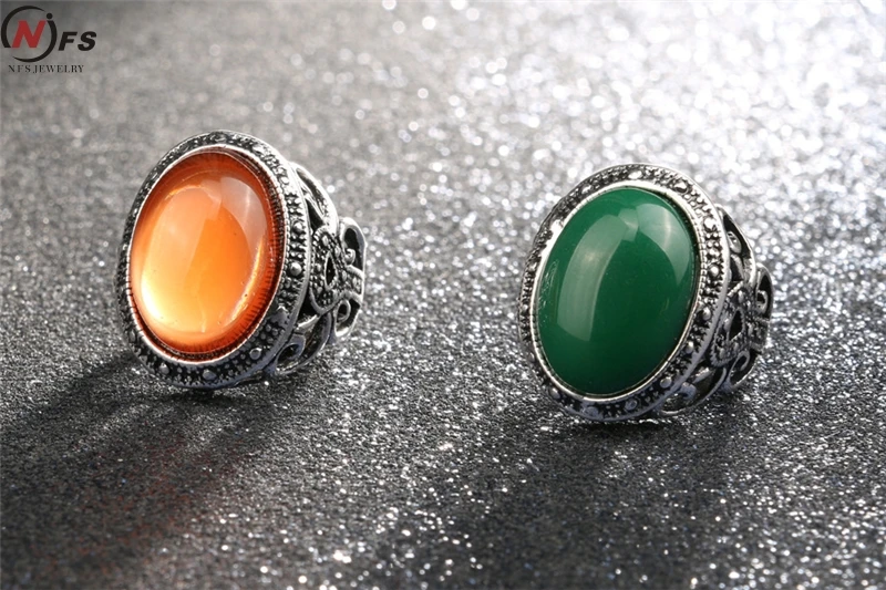 Винтажные серебряные кольца в стиле ретро для женщин, овальные каучуковые кольца из искусственного жемчуга с кристаллами, оранжевое кольцо зеленого цвета, Прямая поставка