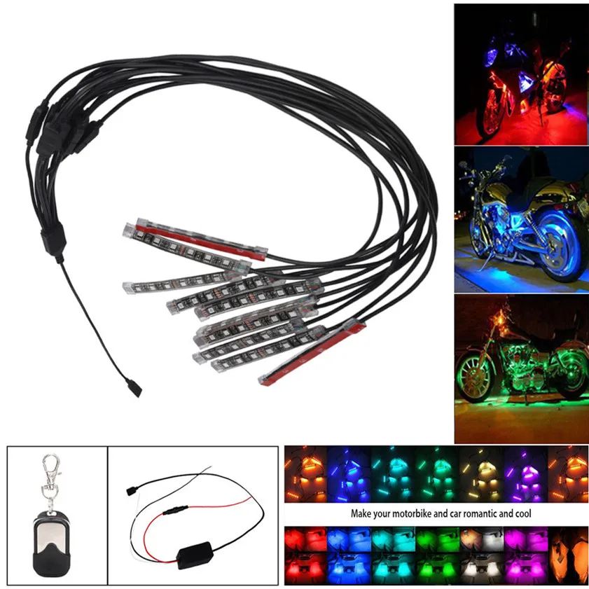 

New 10PCS RGB LED Car Motorcycle Chopper Frame Glow Lights Flexible Neon Strips Kit car accessories