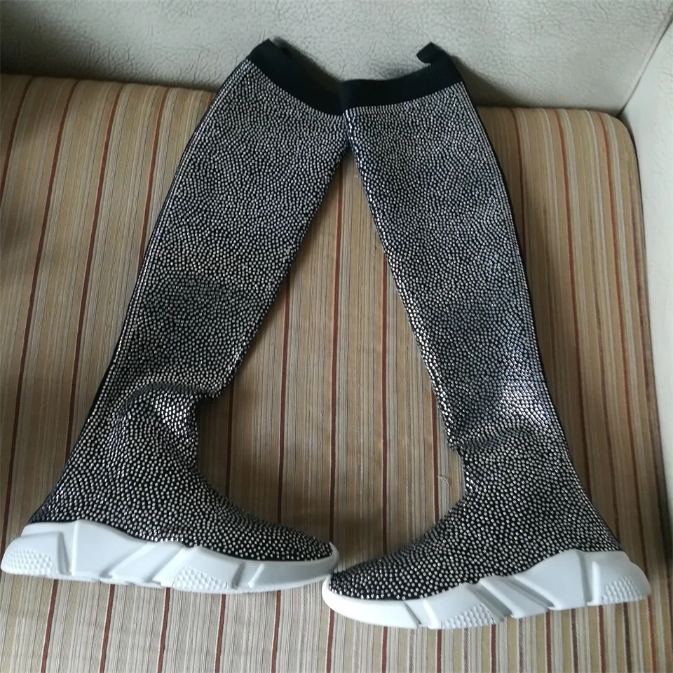 

Fashion Women Knitting Sock Boots Sport Flat Handmade Winter Rhinestones Sneaker Women Thigh High Women Boots