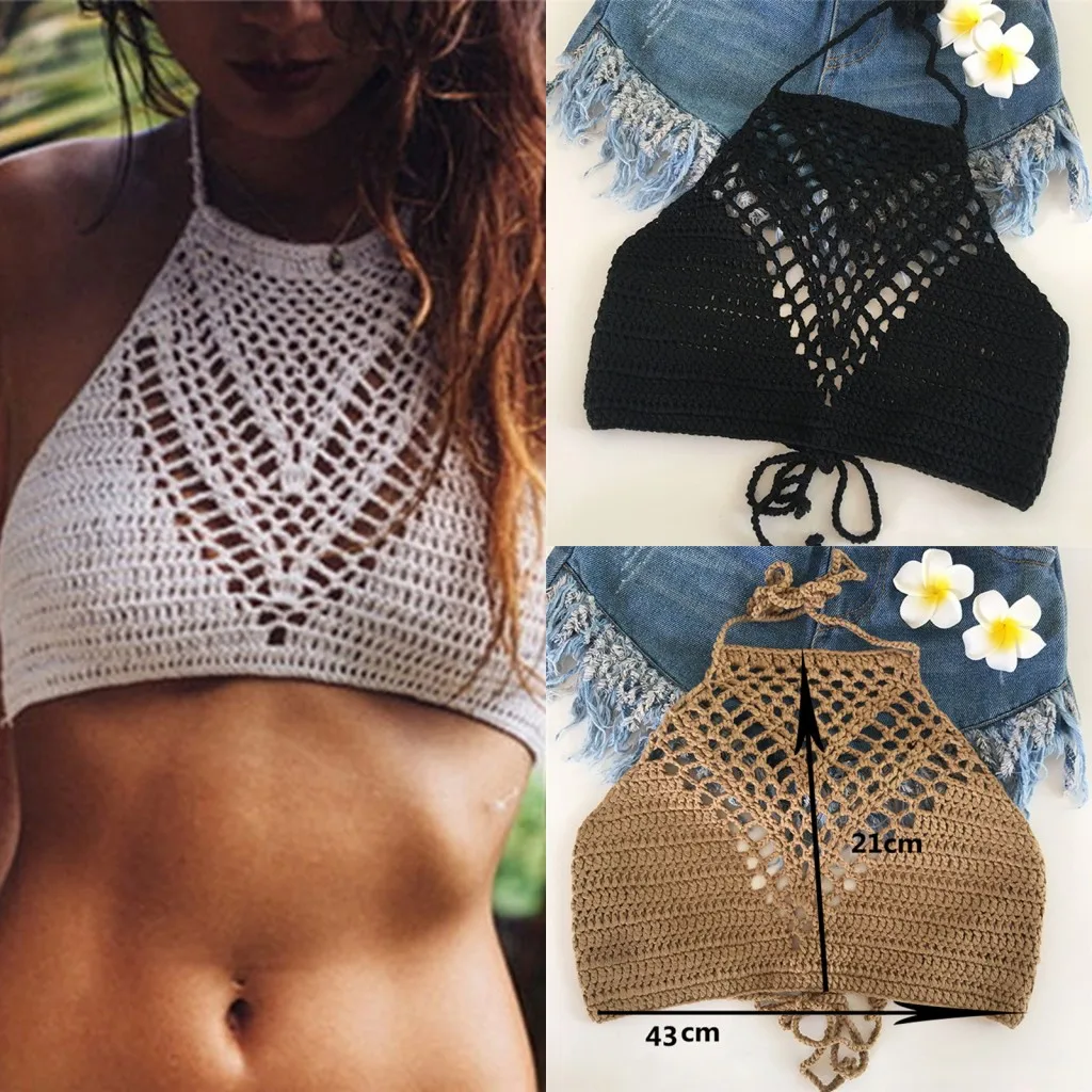 

2019 New Tank Tops Shirt Plain Halter Vest Strap Crop Tops Bra Beach Bikini Summer Short Vest Sexy Hollow Out Crochet Bikini