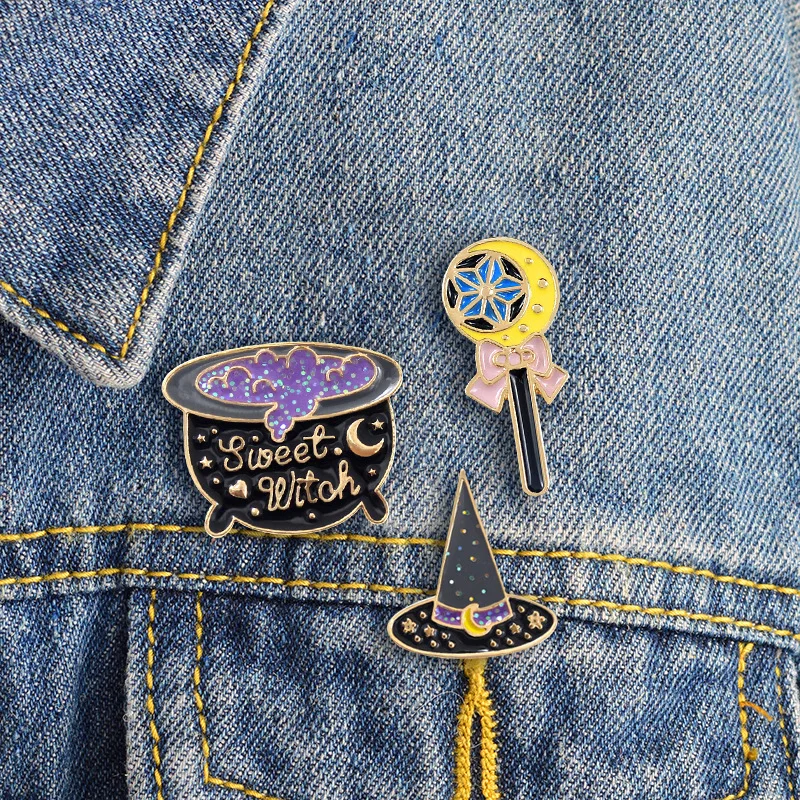 

3 Pin Halloween Cartoon Badges Letter Sweet Witch Brooches For Women Magic Potion Pins Magic Hat Magic Wand Jewelry Enamel Pin
