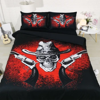 

JF-027 Cool Skull and Gun Print 3D bed sheet set Queen size black duvet covers