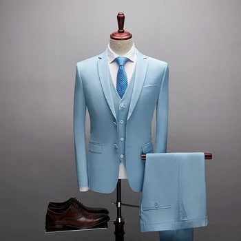

New High Quality Light blue Men's Suits Slim Fit Casual Business Suits Men Clothes Solid Formal Wear Wedding Groom Tuxedos
