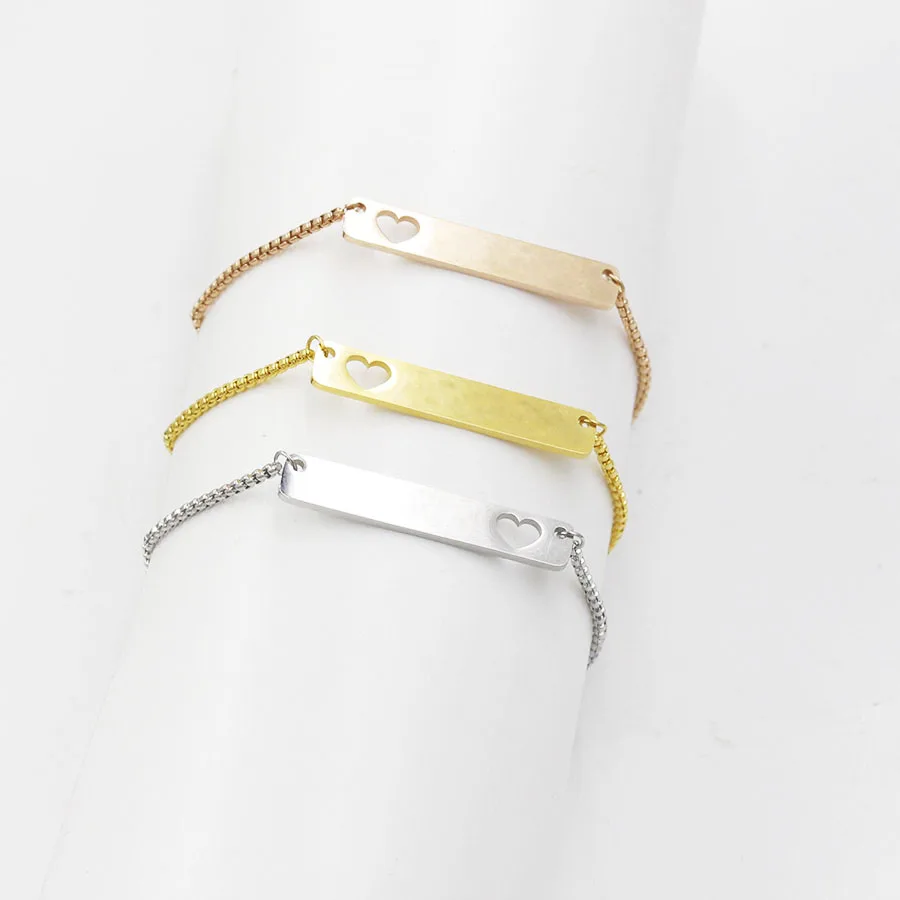 

Fnixtar Stainless Steel 1.5*6*35mm Hollow Heart Rectangle Strip Bar Bracelet Box Chain Slider Adjustable Bracelet 50piece/lot