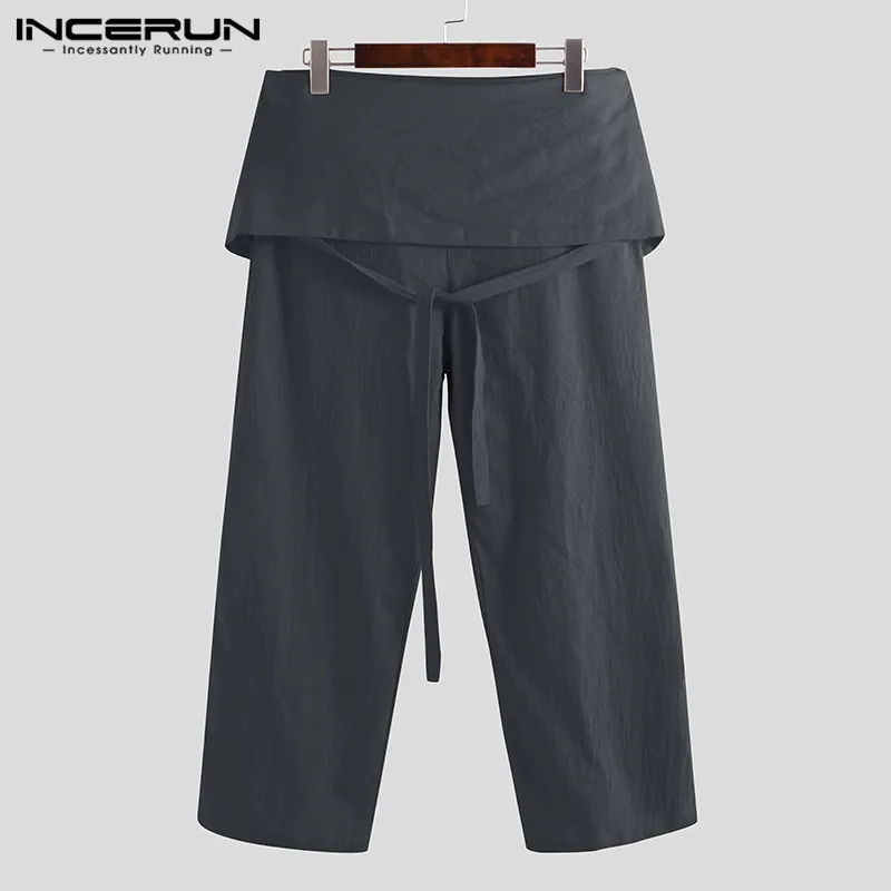 

INCERUN Men Thai Fisherman Pants Cotton Joggers Wide Legs Lace Up Trousers Men Solid Baggy Fashion Casual Pants Plus Size 2019