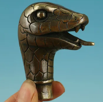

Asian Chinese Old Bronze Handmade Carved Snake Collect Statue Walking Stick Head