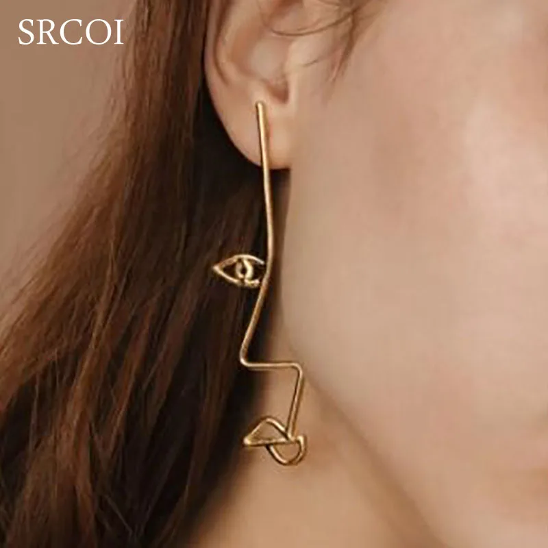 SRCOI асимметричные серьги с абстрактным дизайном золотого и серебряного цвета, Длинные минималистичные серьги для женщин, модные ювелирные изделия, новинка