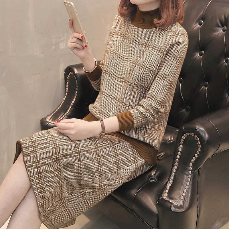 Comprar Traje de mujer 2019 nuevo suéter a cuadros de otoño sra. camisa de manga larga de fondo de punto + falda marinera de moda de dos piezas