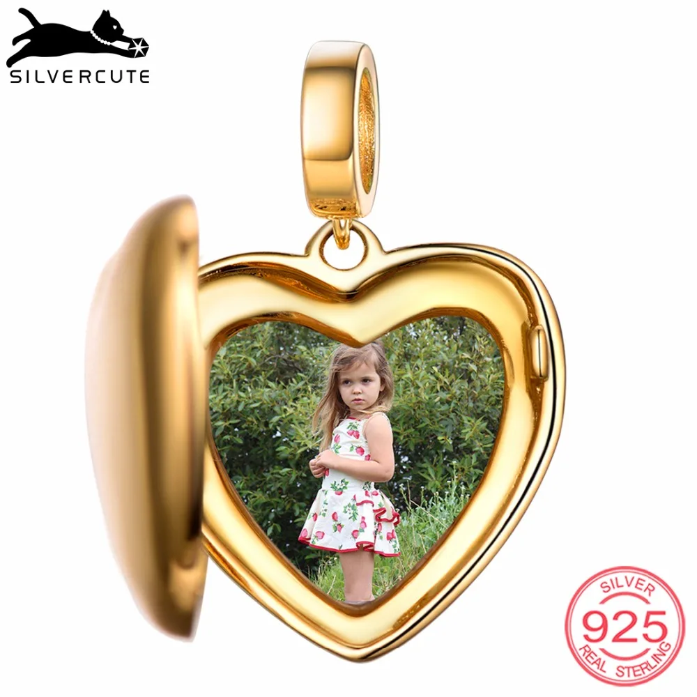 

SILVERCUTE Heart Locket Charm For Bracelet 925 Sterling Silver Gold Color Engraved Photo Pendant Custom Jewelry Gift SCID6500B