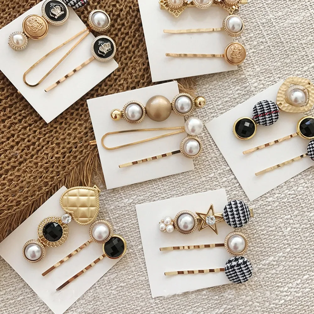 

M MISM 1Set/3pcs ins Women Girl Korean Fashion Pearl Crystal Geometric Gold Vintage Hair Clip Hairpin Barrettes Hair Accessories