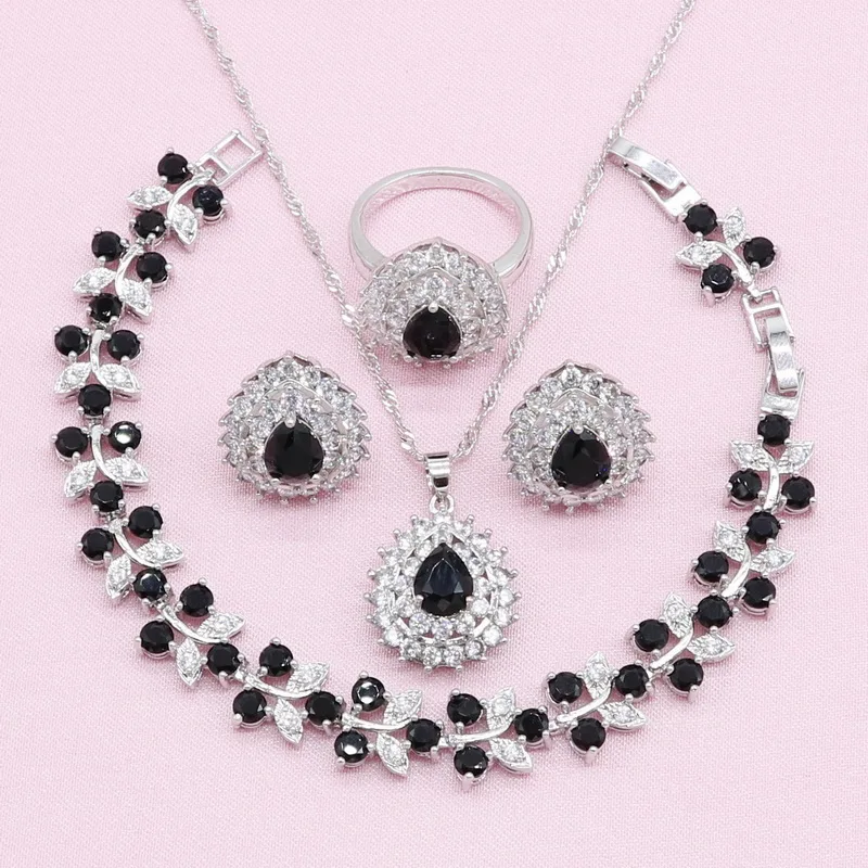 

2019 New Fasion 925 Silver Jewelry Sets For Women Wedding Blalck CZ Earrings Bracelet Pendant Necklace Ring Free Gift Box
