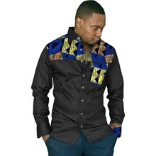 Модные африканские Стиль футболки африканские Для мужчин Дашики одежда батик печатных и черный хлопок лоскутное Для мужчин рубашка с длинными рукавами