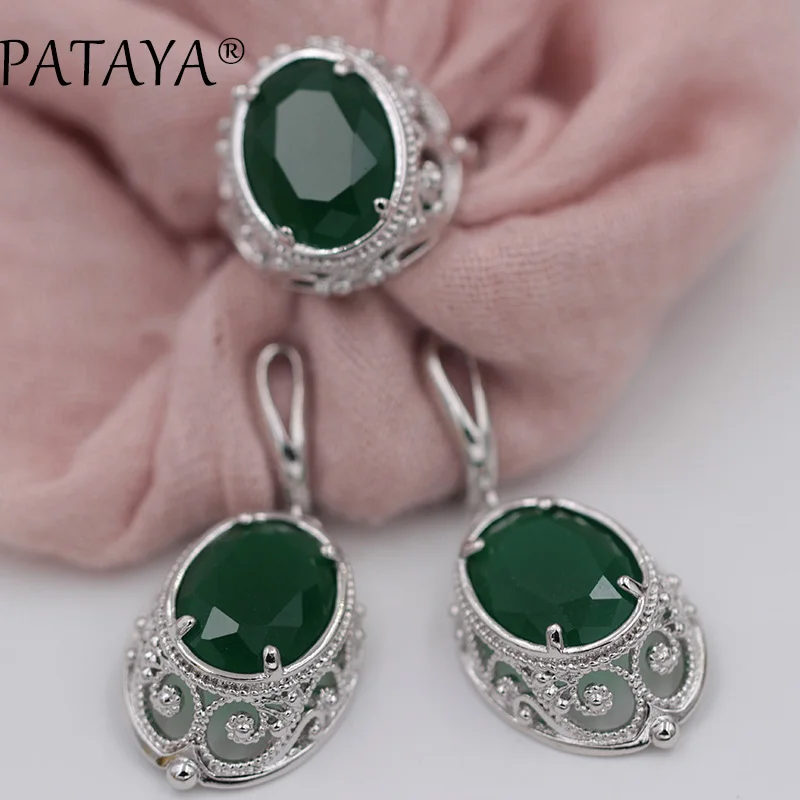 Pataya Women Wedding True White Gold Color Jewelry Set Green Big Natural Zirconia Hollow Orecchini Ring Set Trendy India Jewelry